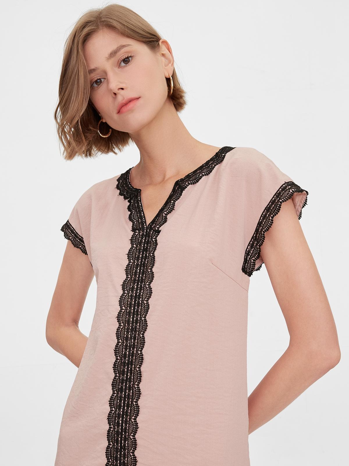 Embroidered Hem Short Sleeves Dress - Pink