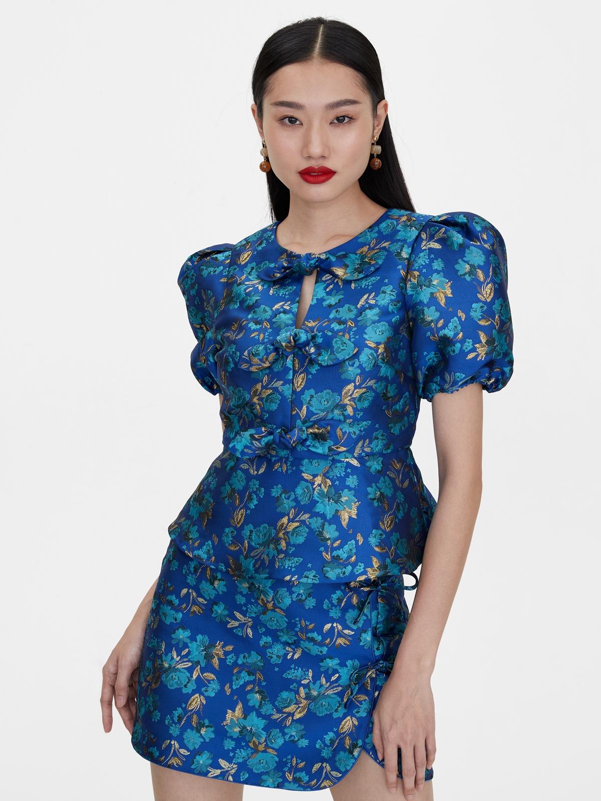 Bow Short Sleeve Blouse - Blue
