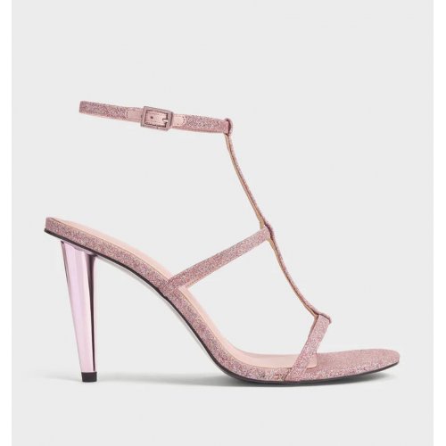  Glittered T-Bar Ankle-Strap Sandals - Pink 