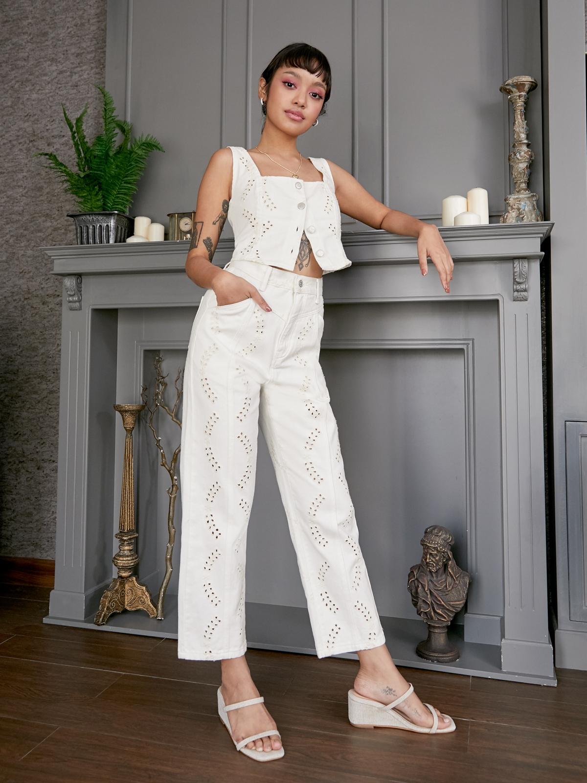 Eyelet High Waist Denim Pants - White