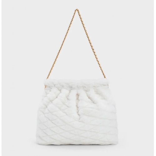  Duo Furry Chain-Handle Hobo Bag - White 