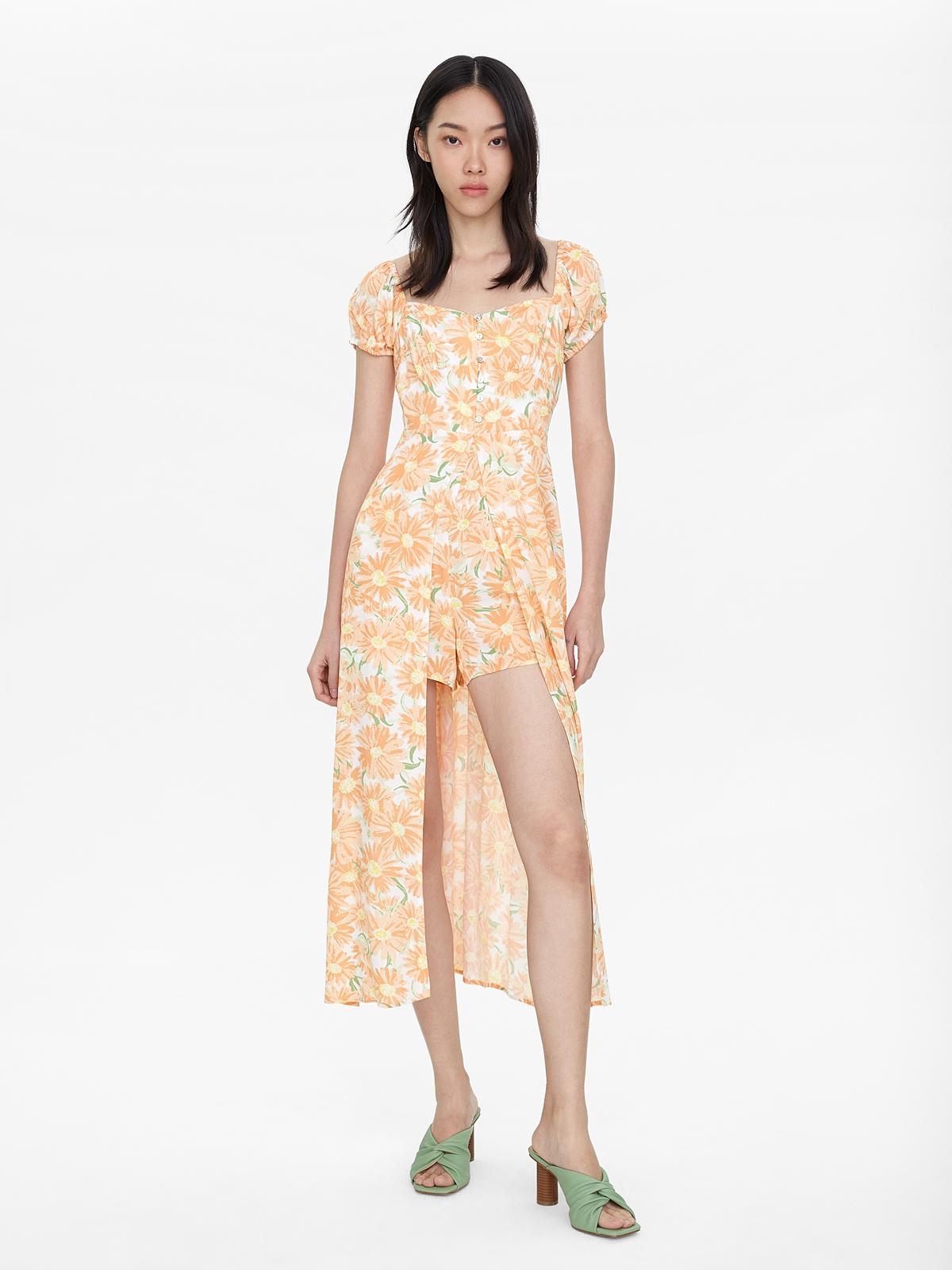 Open Slit Floral Romper - Orange