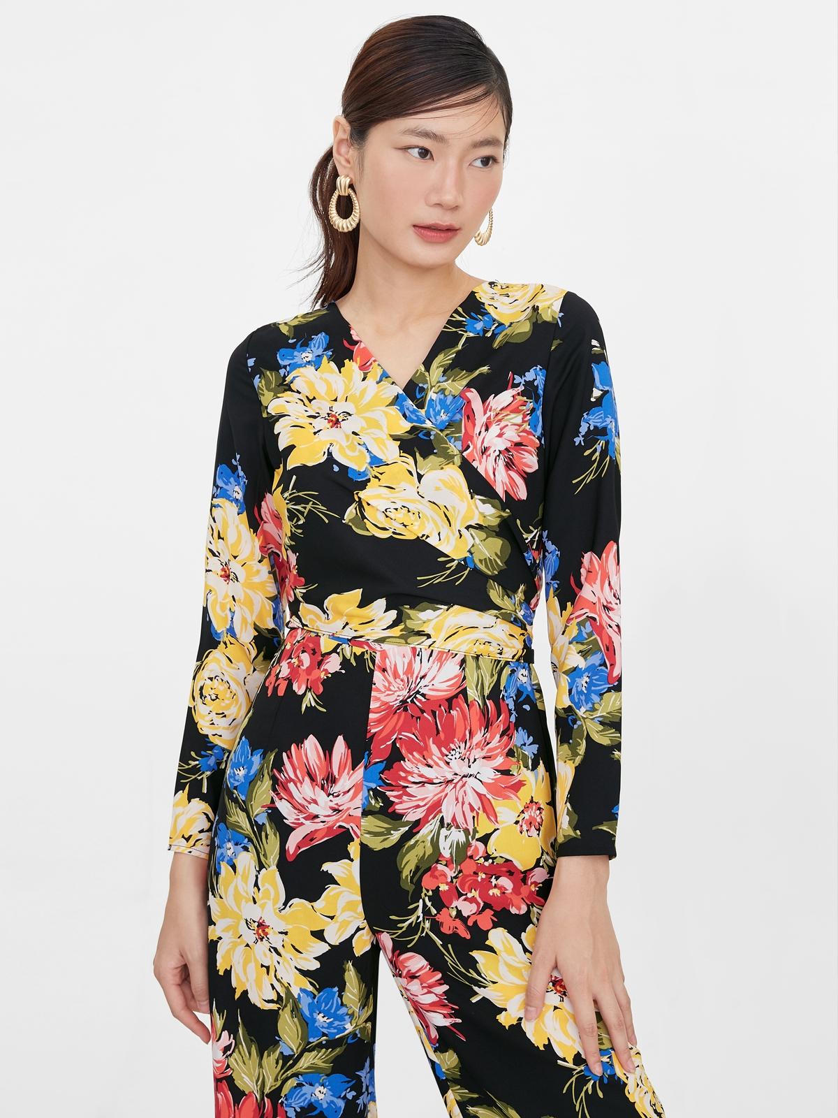 Waist Wrapped Floral Jumpsuit - Black
