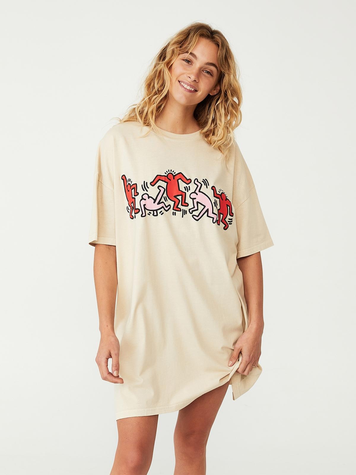 90s Keith Haring Dancing Figures Tee - Beige