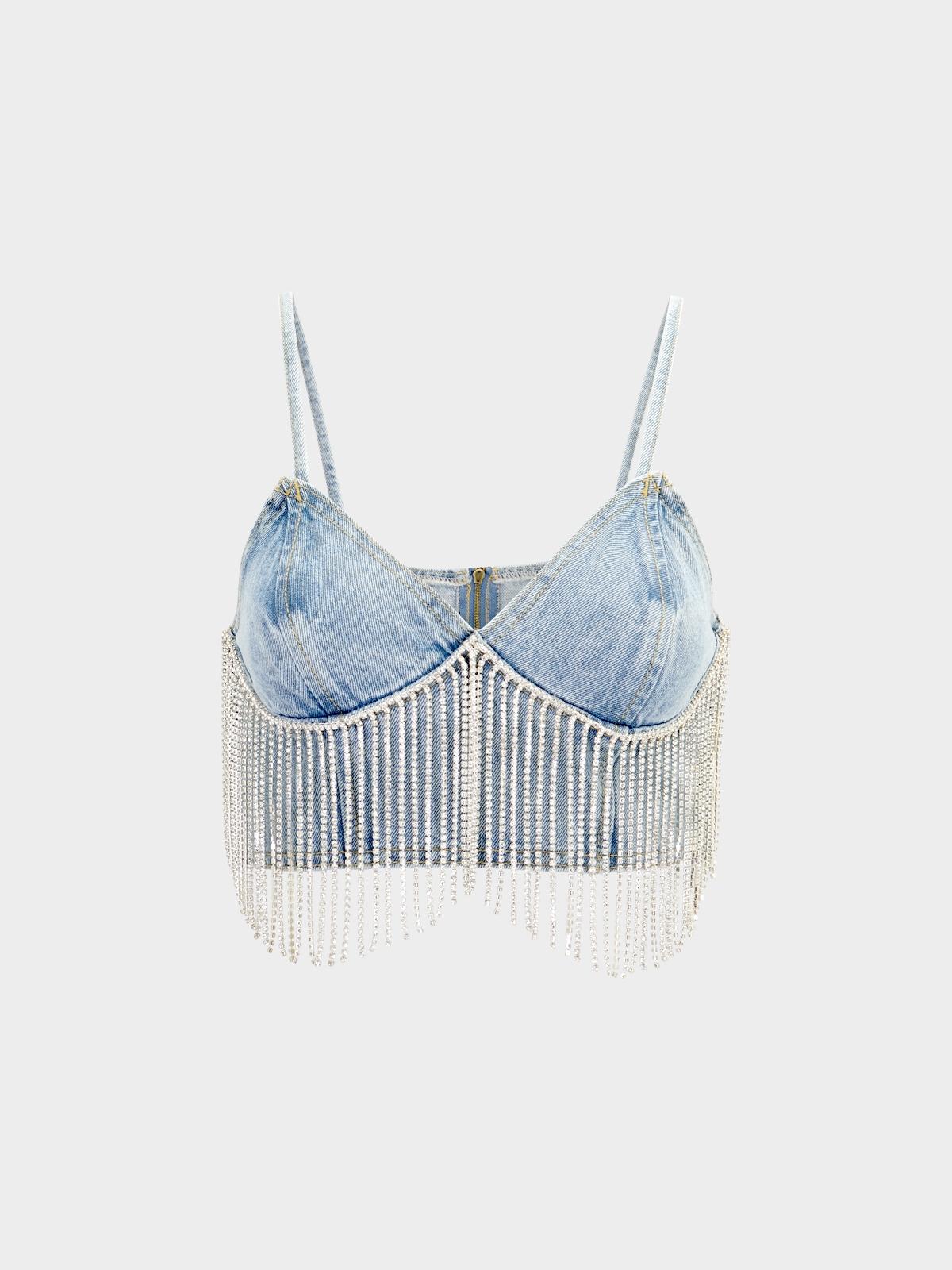 Diamante Fringe Denim Crop Tank - Blue