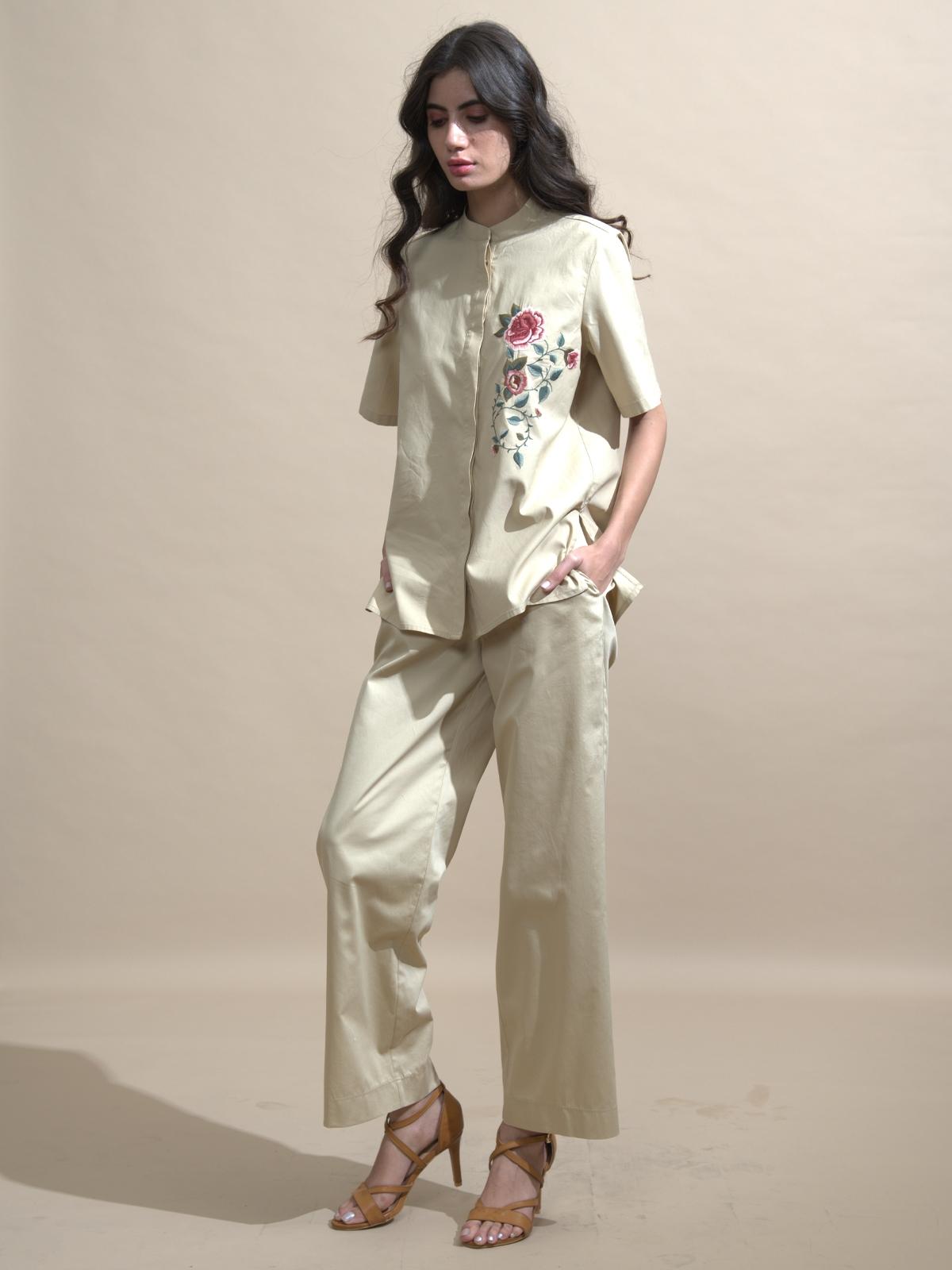 Floral Embroidered Pant Set - Light Brown