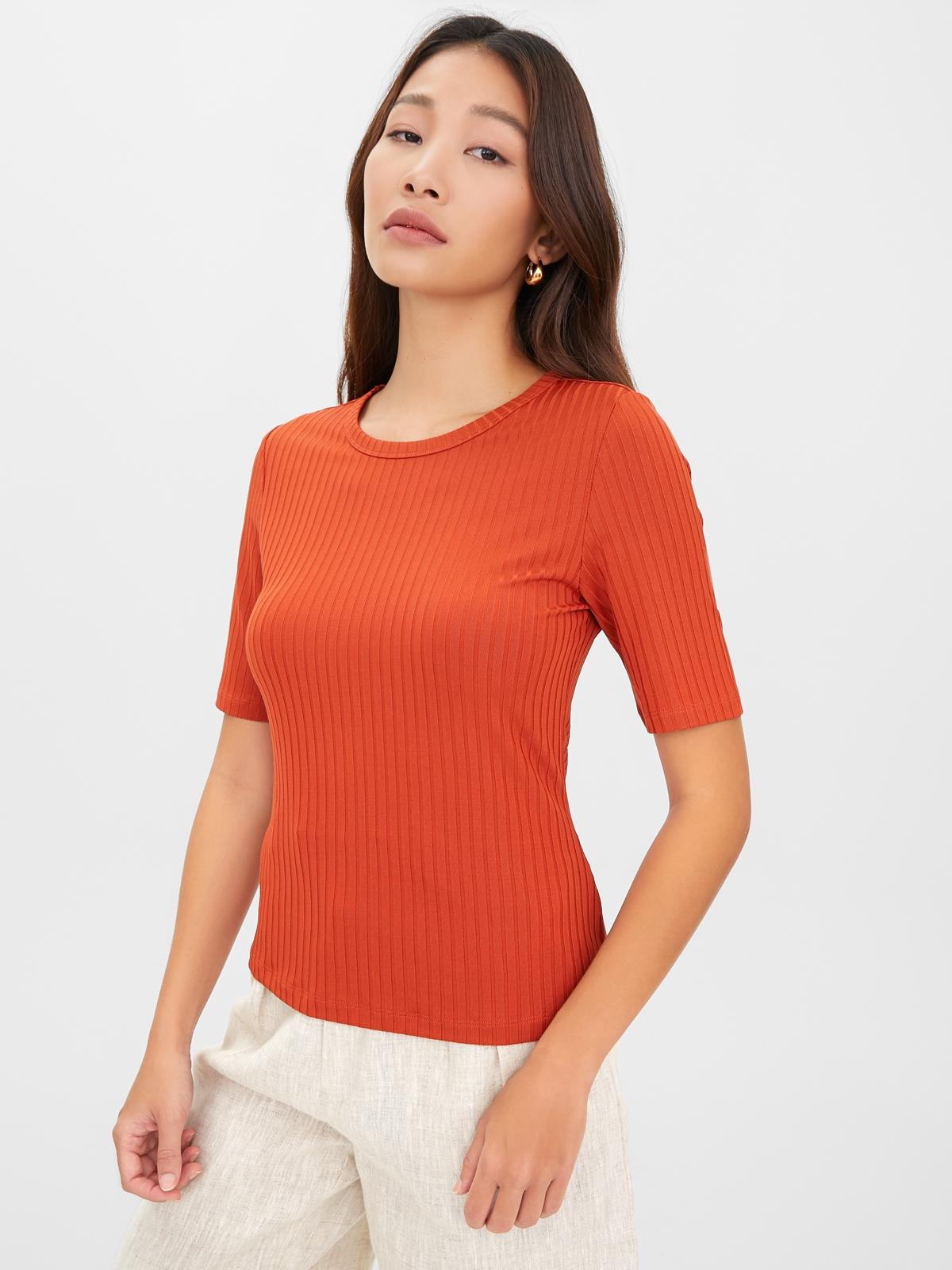 Rib-Knit Short Sleeve Top - Brown