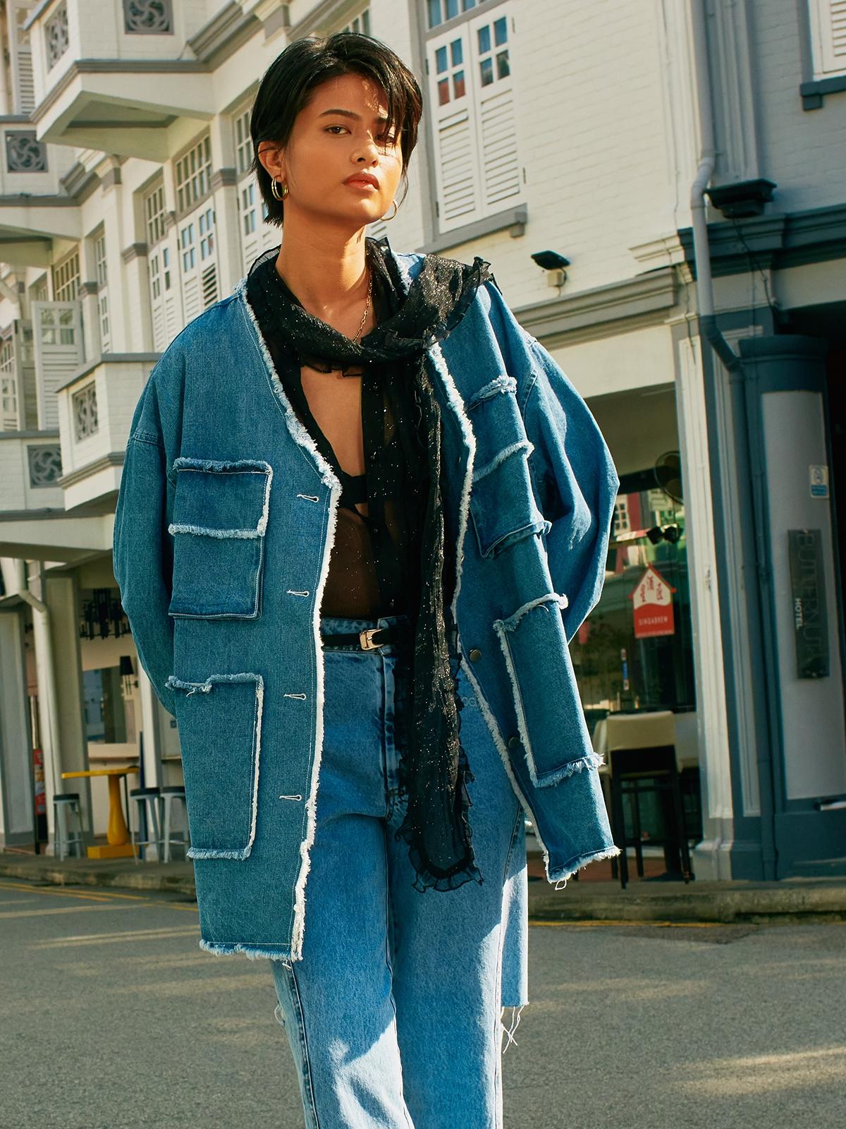 V-Neck Frayed Denim Jacket - Denim