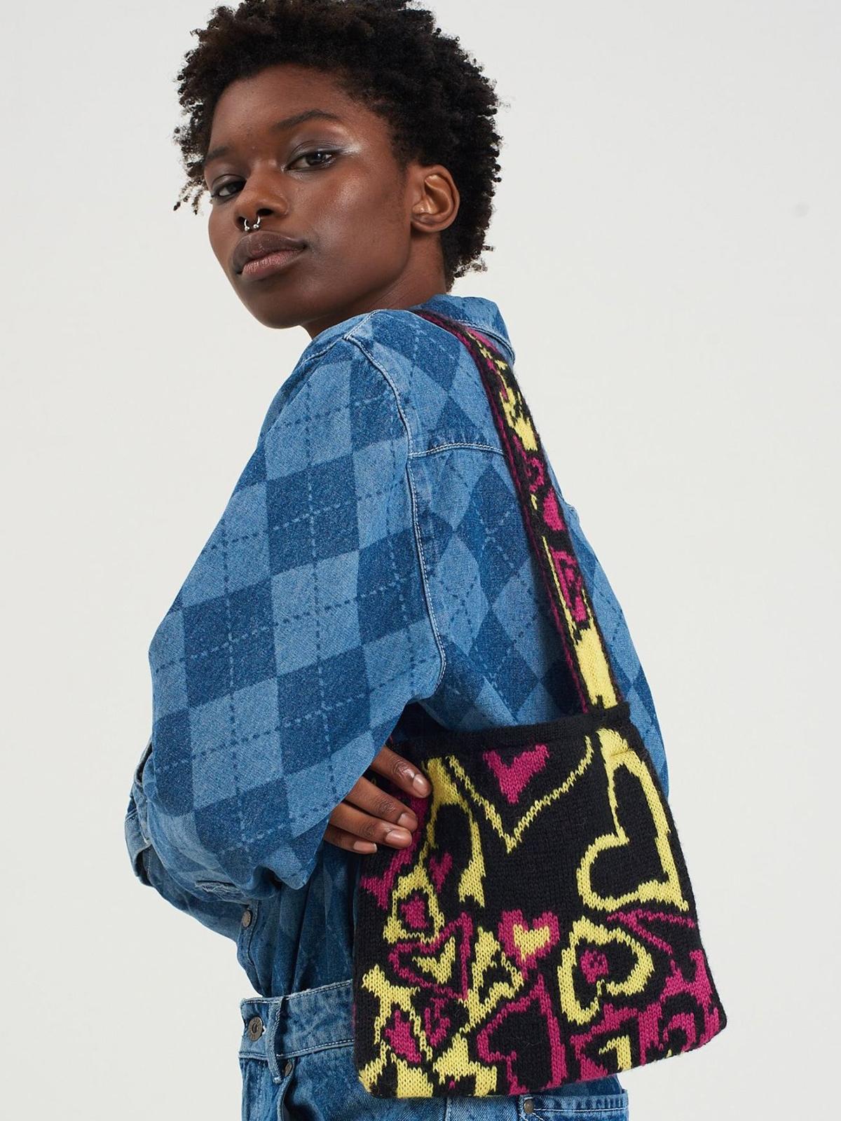 Trippy Heart Knit Mini Shoulder Bag - Black/Green