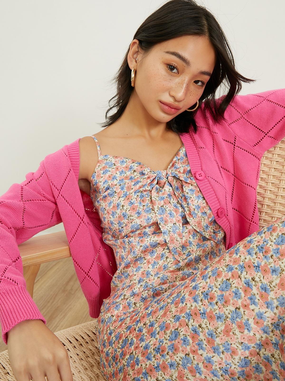 Front Tie Floral Printed Dress - Pink