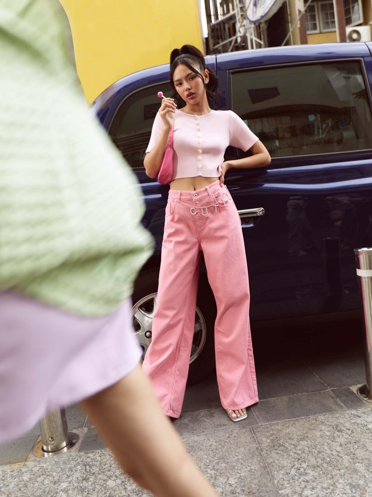 Flower Buttons Crop Top - Pink