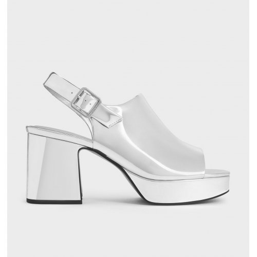  Metallic Peep-Toe Platform Sandals - Silver 