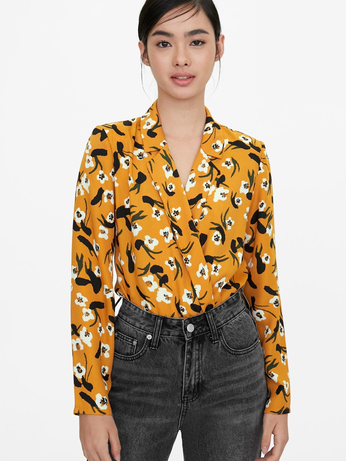 Abstract Floral Collar Bodysuit - Yellow