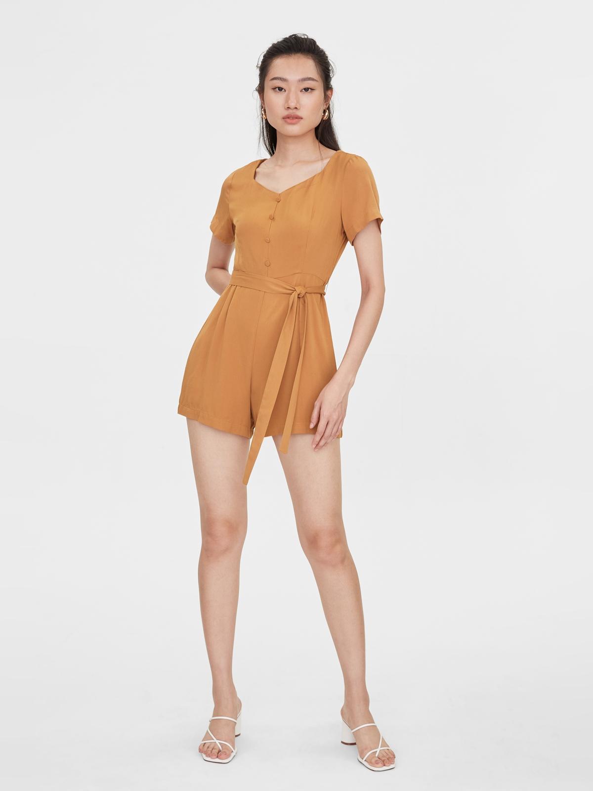 Tied Waist Romper - Brown