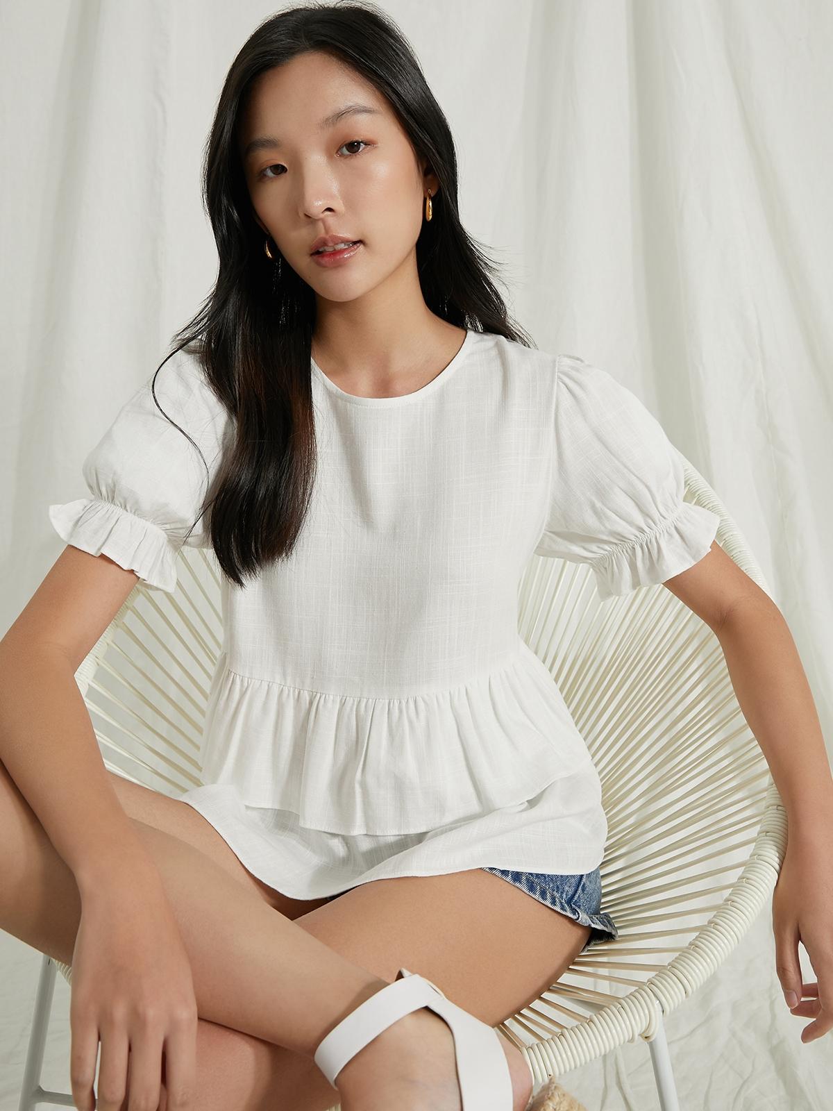 Puffed Sleeve Tiered Top - White