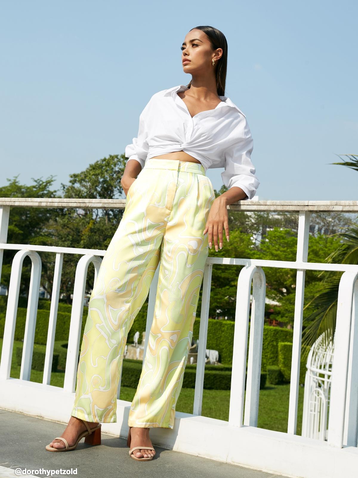 Wave Print Wide Leg Pants - Green