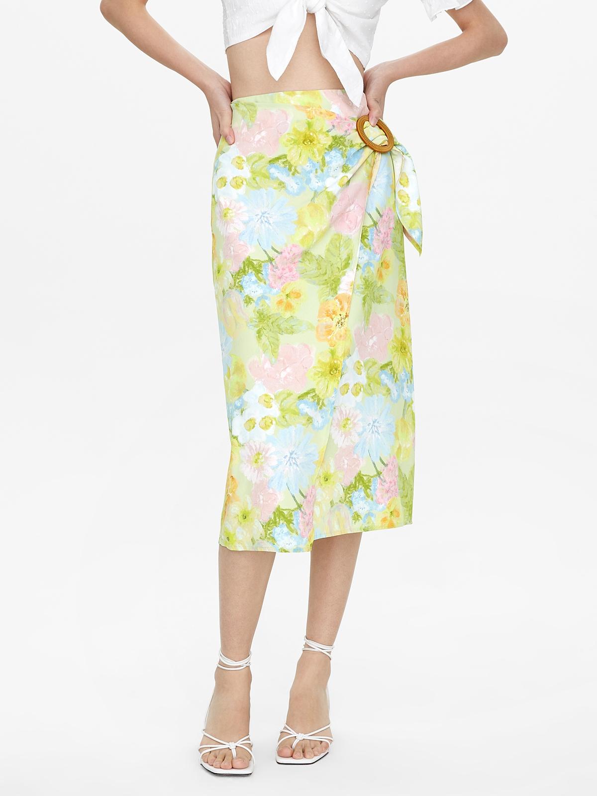 Floral Side Buckle Skirt - Green
