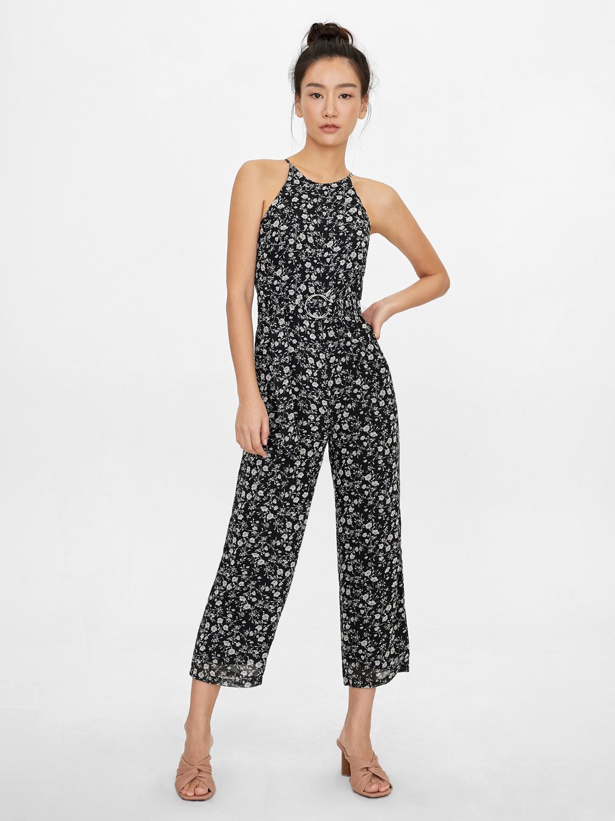 Halter Belted Floral Jumpsuit - Black
