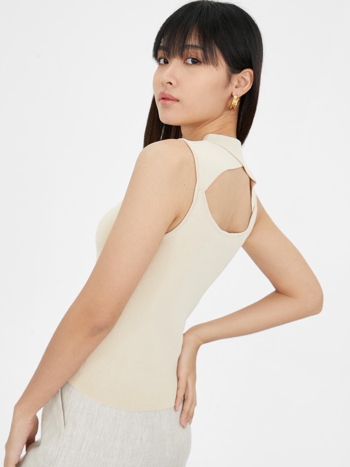 Back Cut Out Ribbed Tank Top - Beige