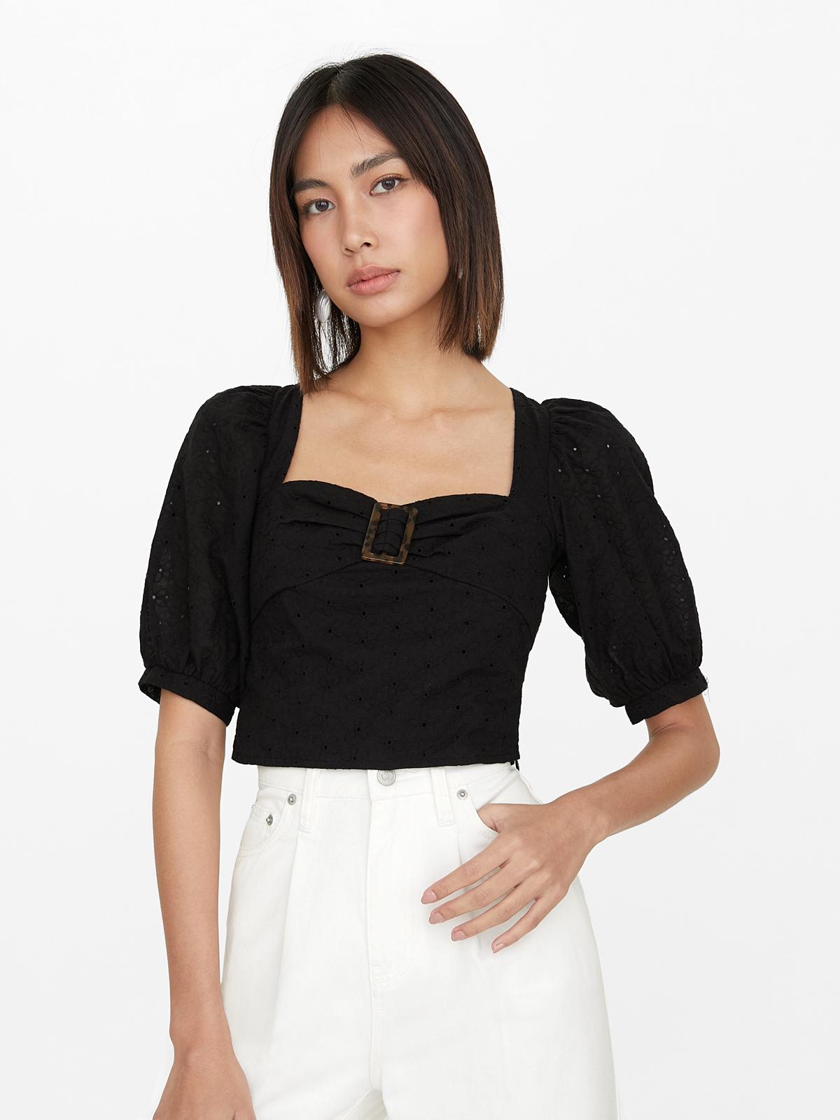 Front Buckle Puffed Sleeves Eyelet Top - Black