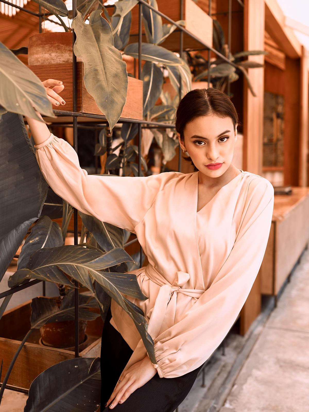 V Neck Belted Blouse - Brown