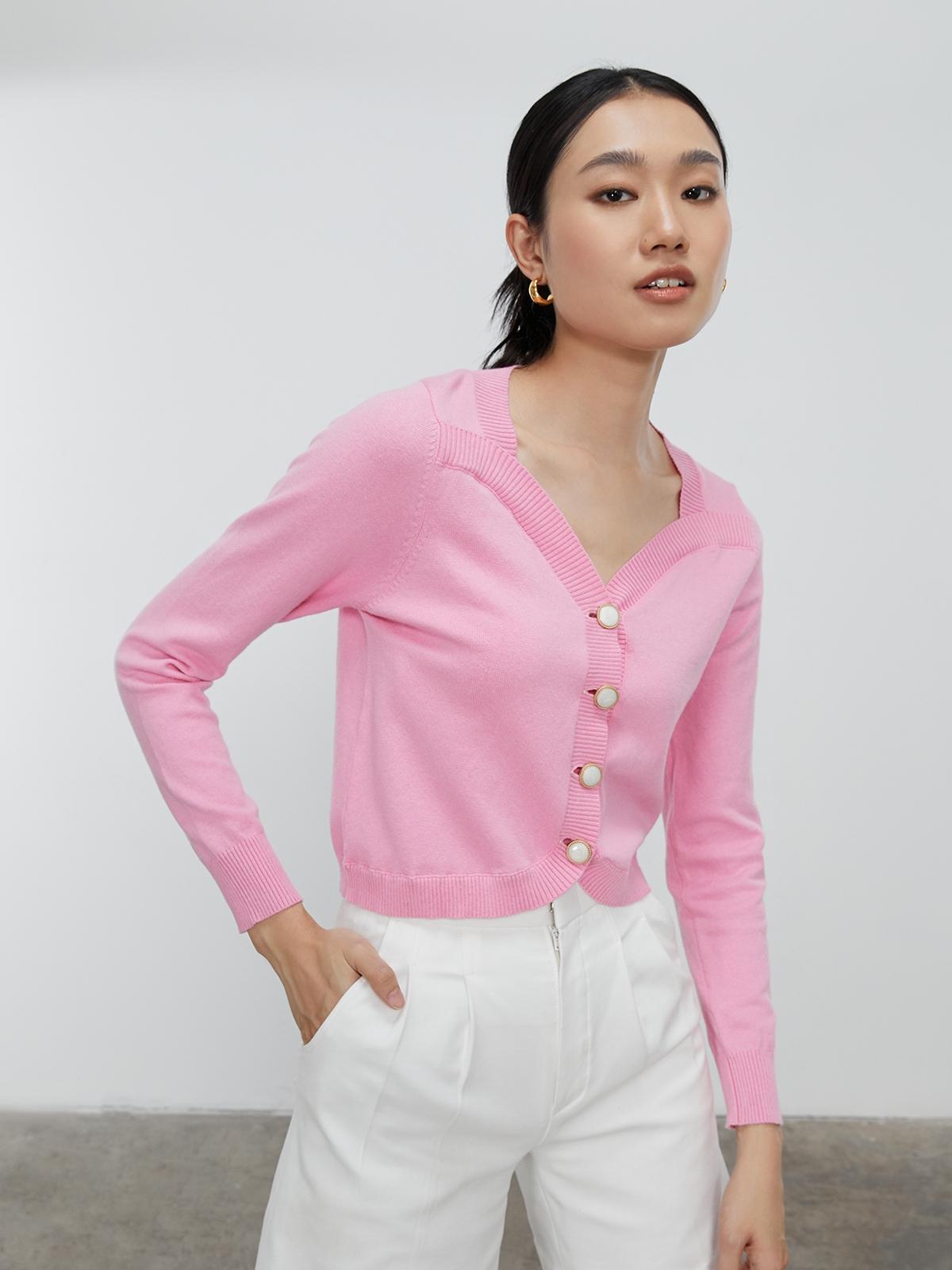 Button Front Cropped Cardigan - Pink
