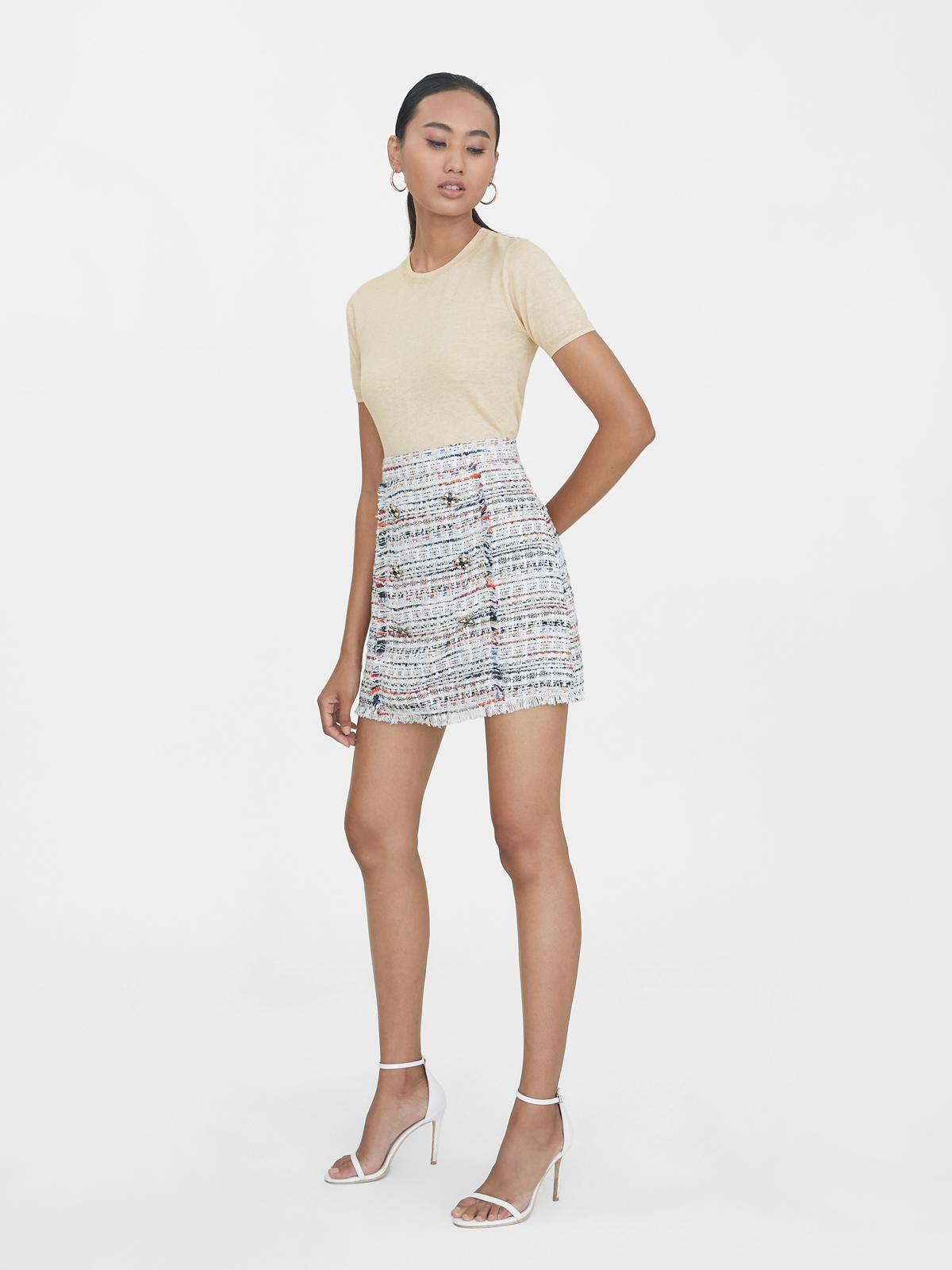 Buttoned Colorful Tweed Skirt - Blue