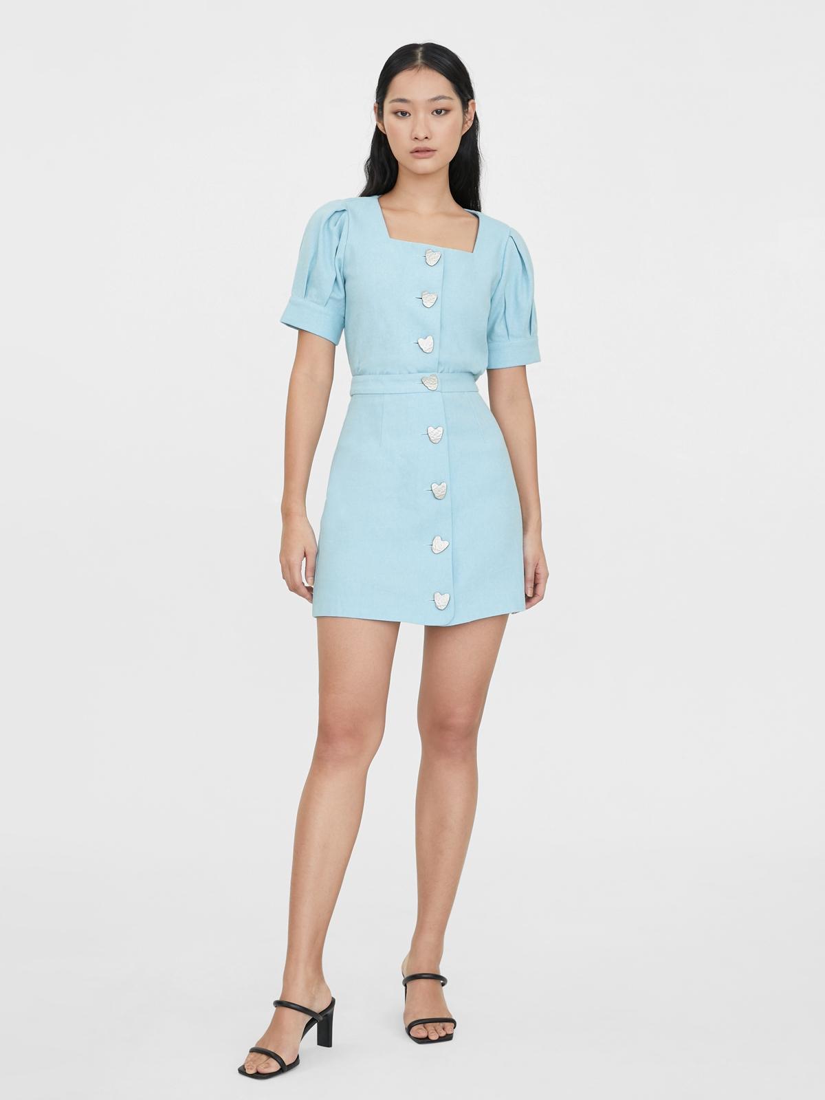 High Waist Heart Buttoned Skirt - Baby Blue