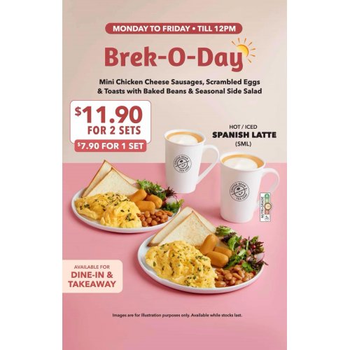 Brek -O-Day! Mini Chicken Cheese Sausages, Toasts, Scrambled Eggs, served with Baked Beans and Side Salad