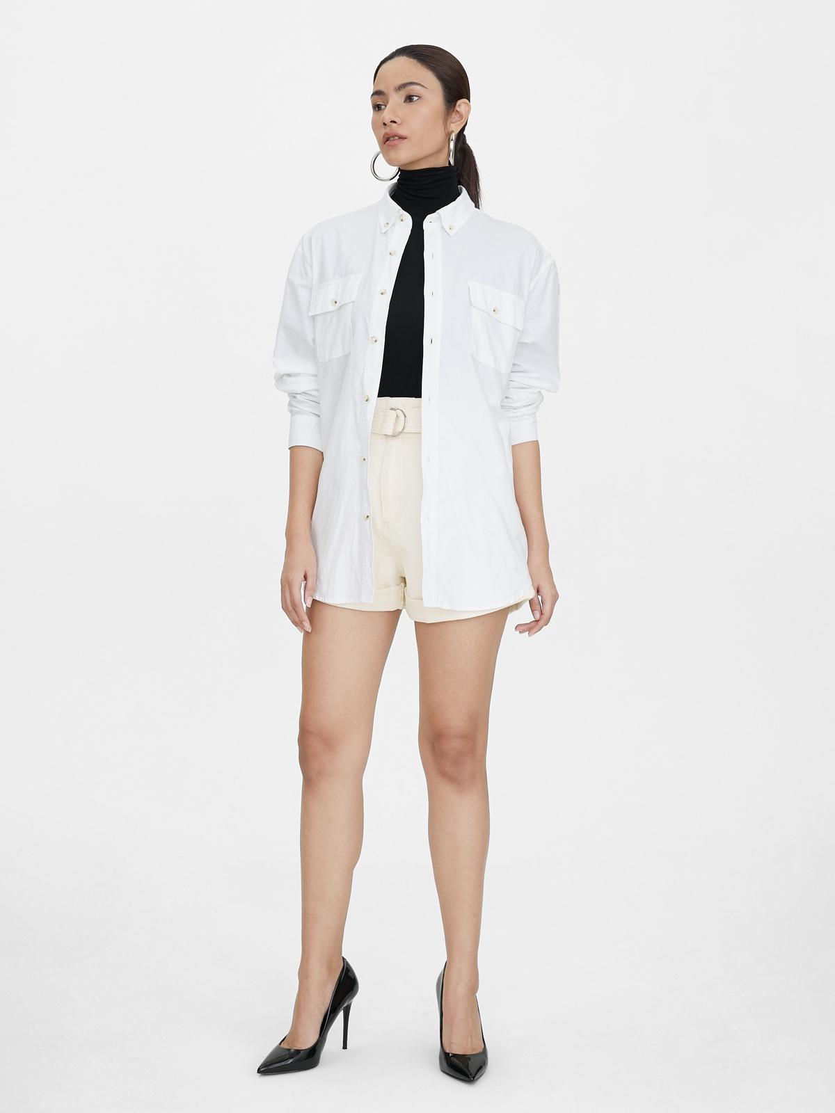 Belted Semi Pleat Denim Shorts - Cream