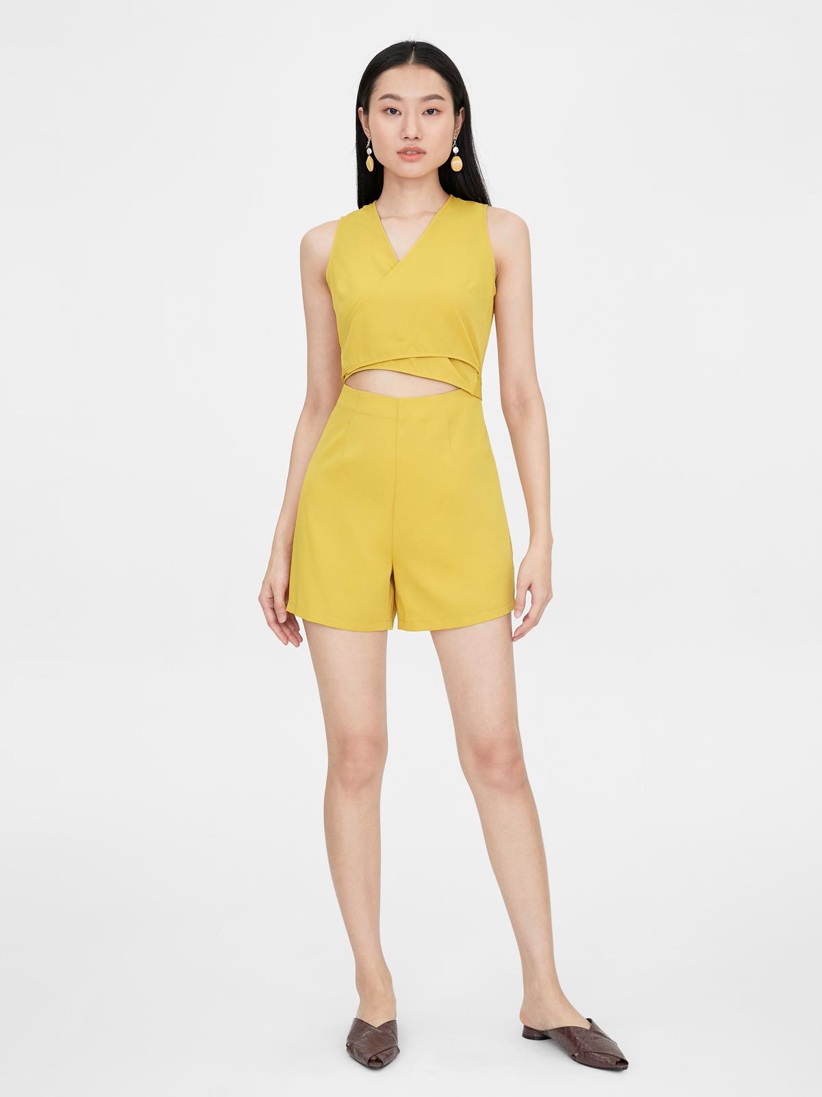 Surplice Cut Out Romper - Mustard