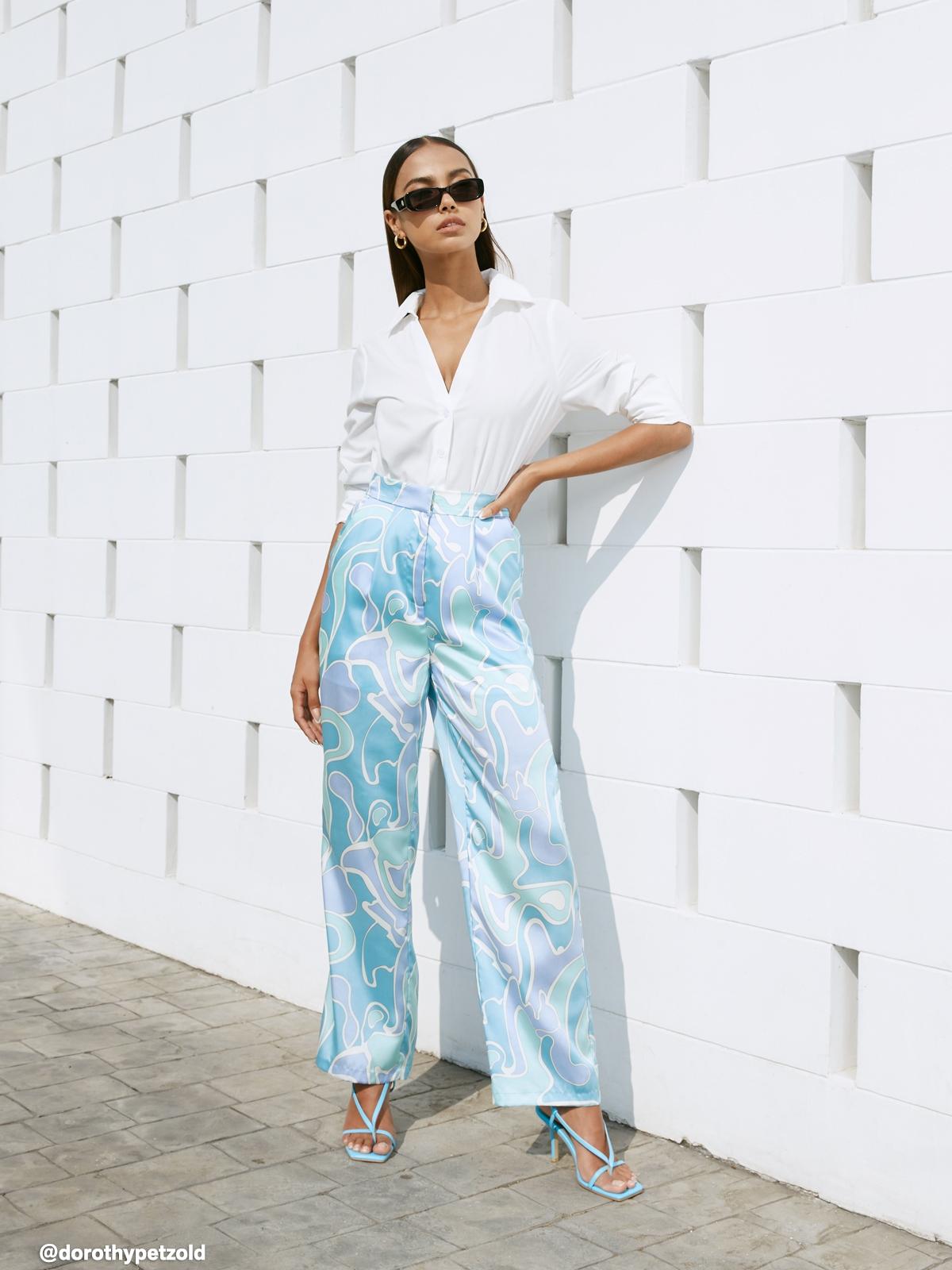 Wave Print Wide Leg Pants - Blue