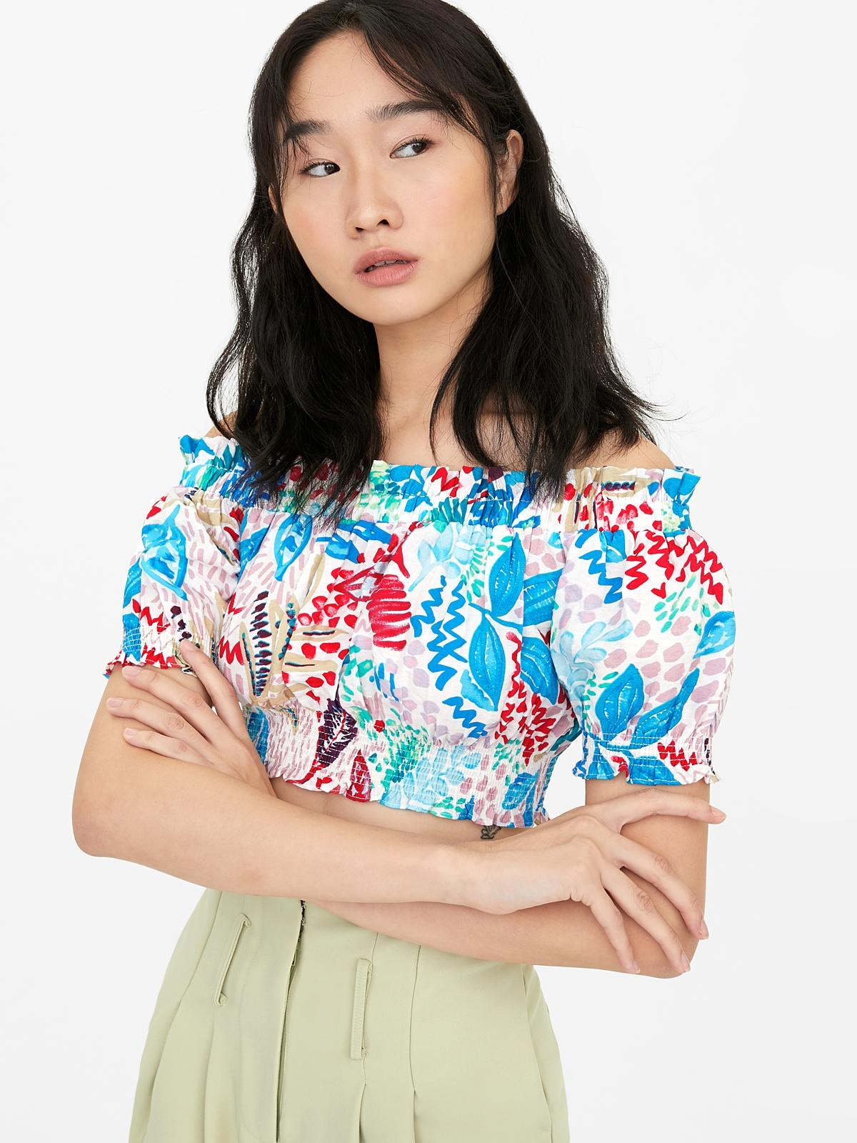 Off Shoulder Leaf Print Crop Top - White