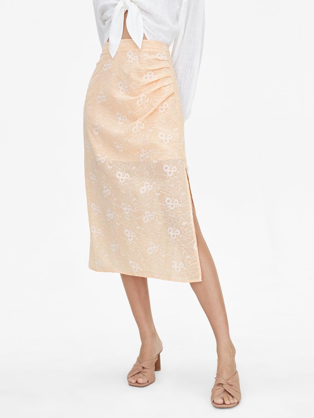 Embroidered Floral Side Slit Skirt - Peach