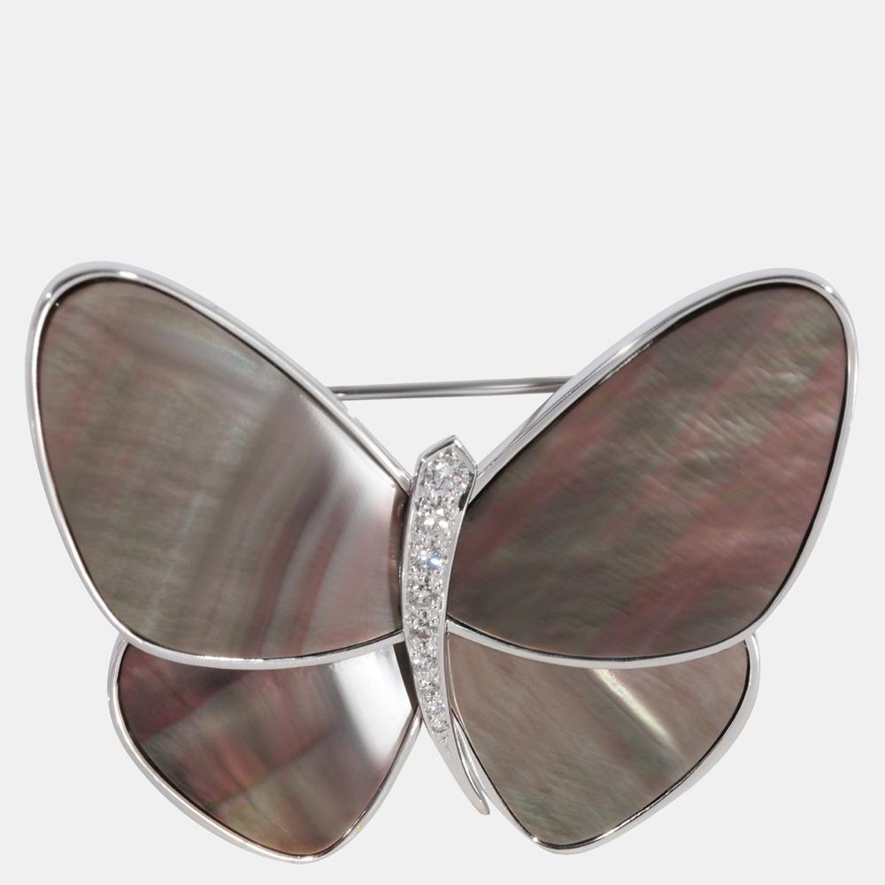 Van Cleef & Arpels Black Mother of Pearl Butterfly Clip in 18K White Gold 0.23ct