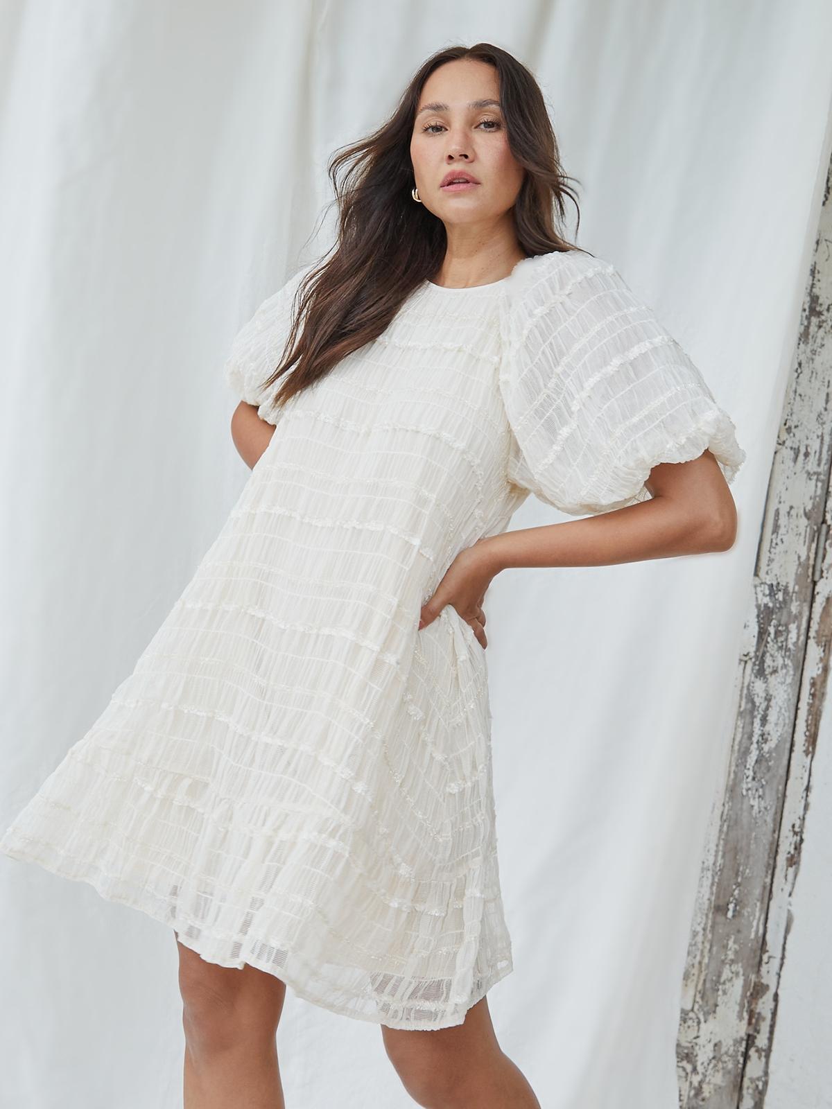 Janesuda x Pomelo Tiered Puff Sleeve Mini Dress - Beige
