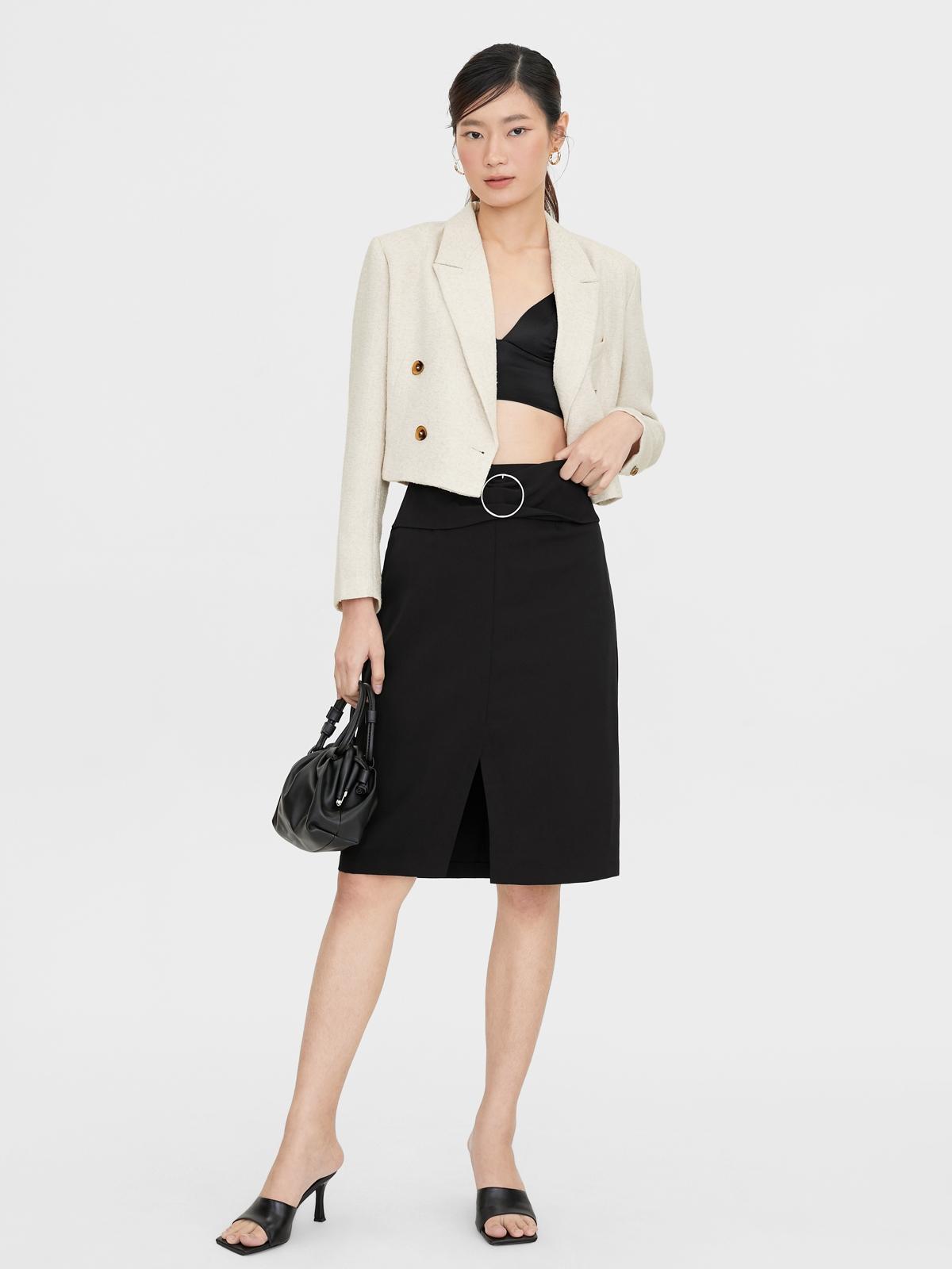 Belted Center Slit Skirt - Black