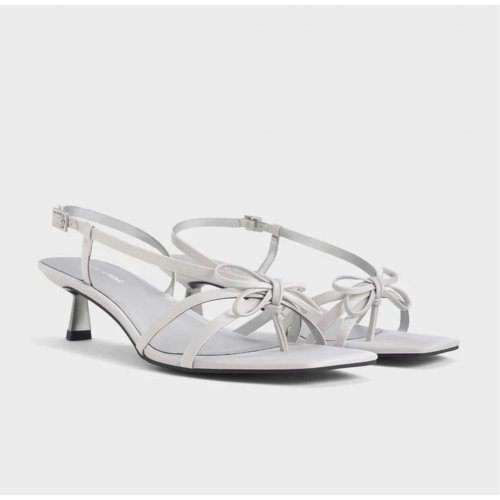 Bow Strappy Heeled Thong Sandals - Silver