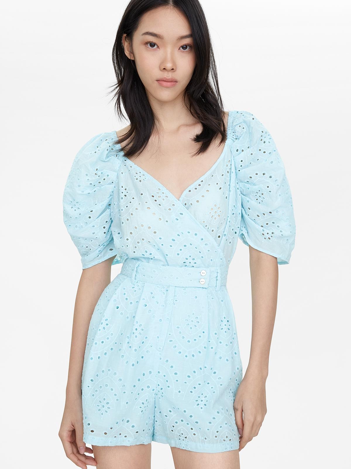 Surplice Neck Eyelet Bodysuit - Blue