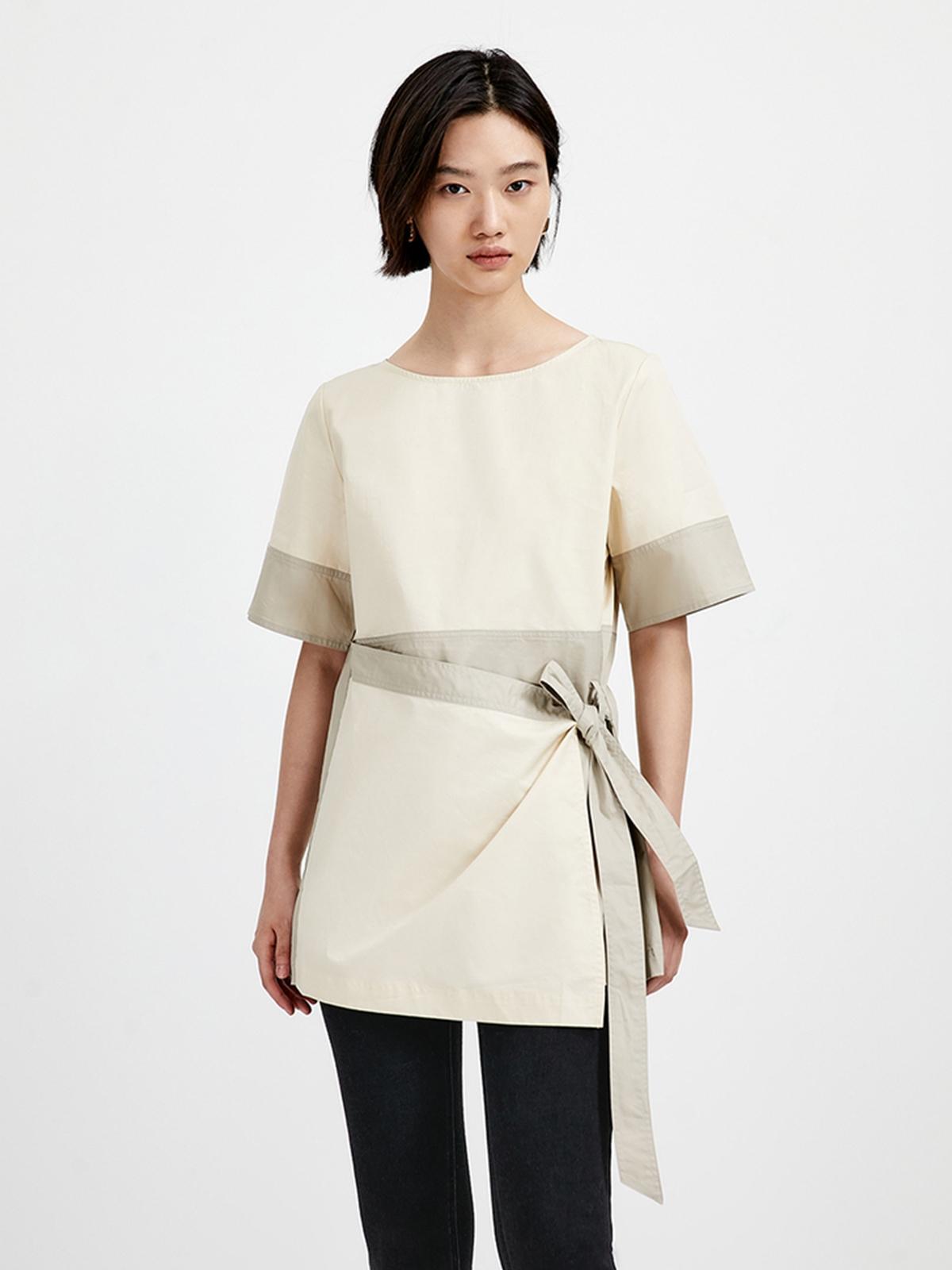 Bow Tie Short Sleeve Blouses - Khaki