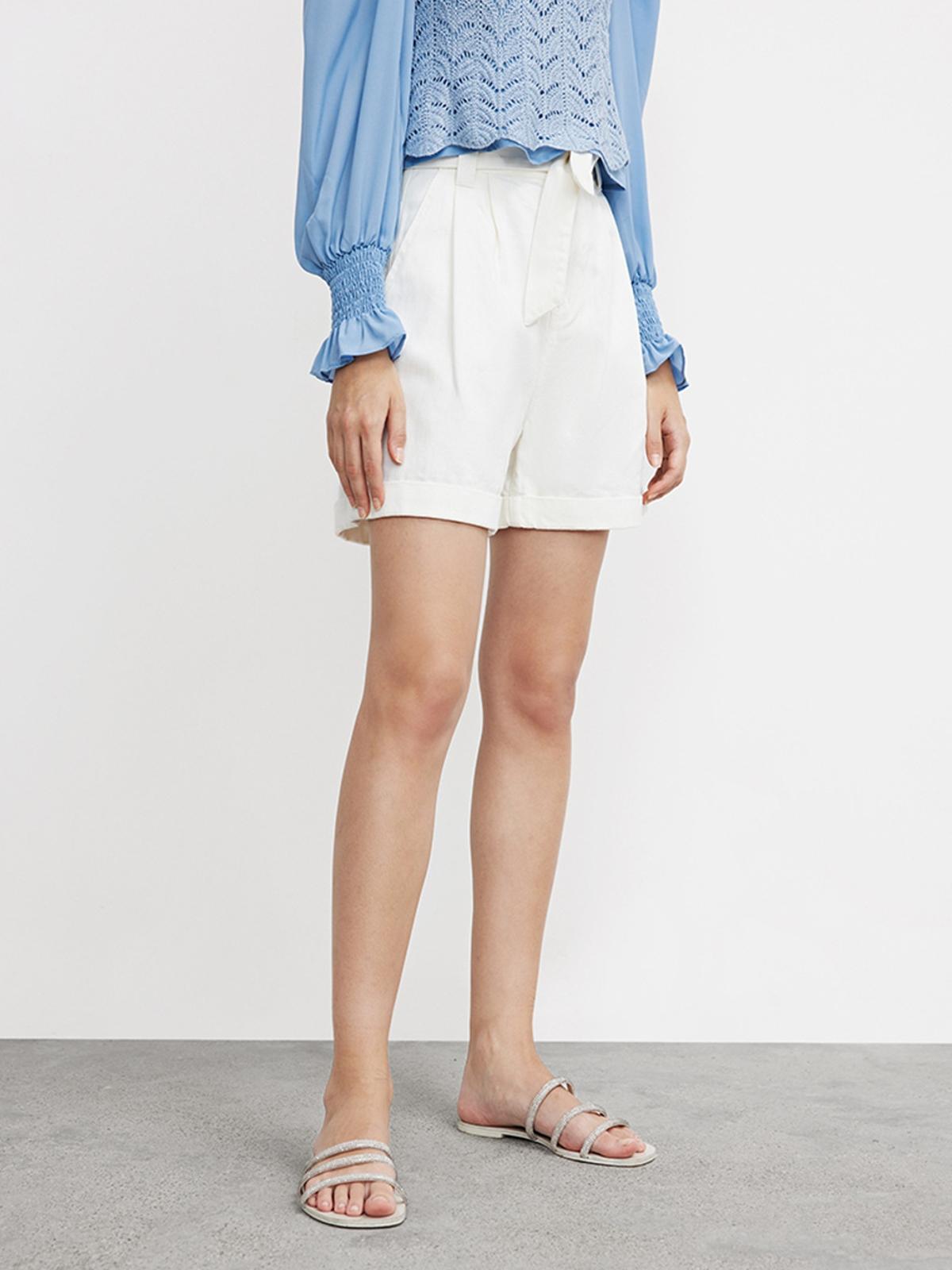 Belted Denim Shorts - White