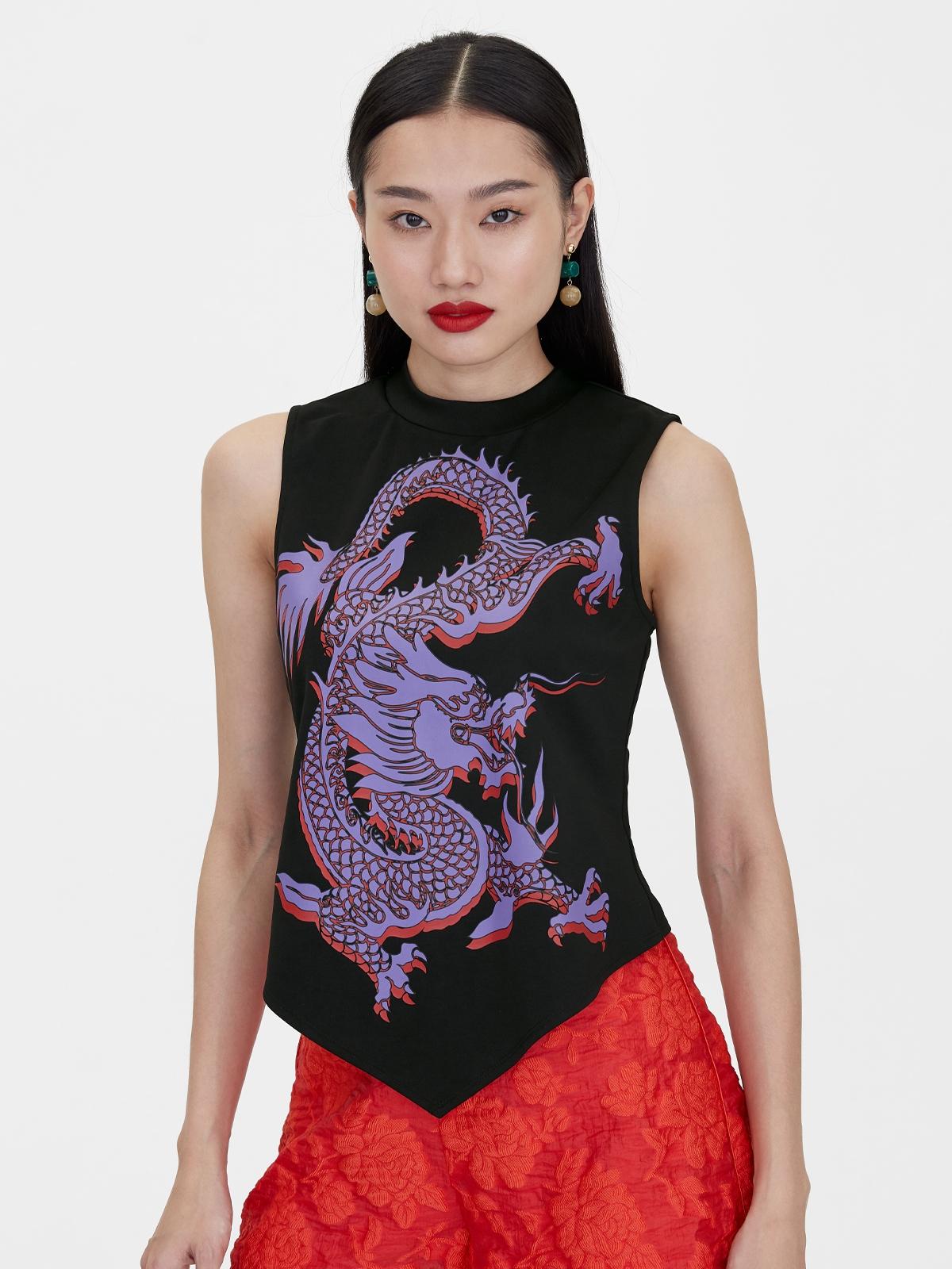Sleeveless Dragon Print Top - Black