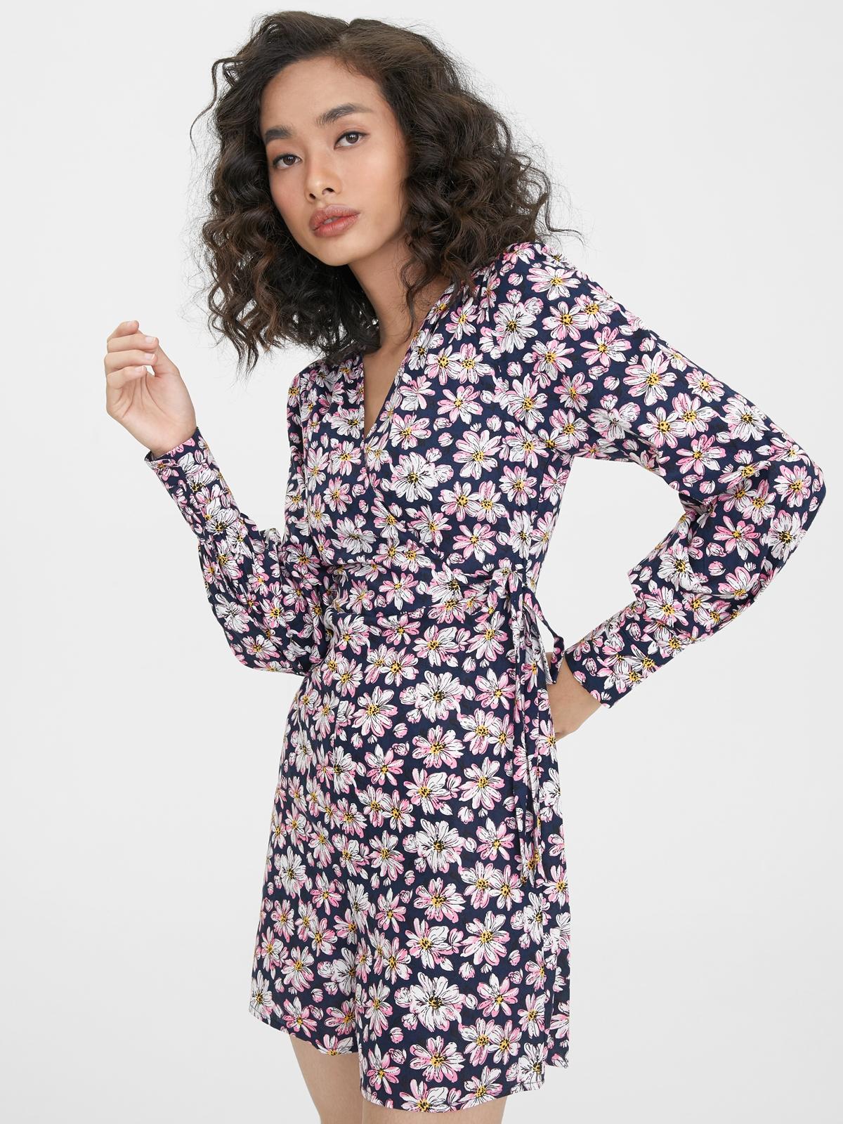 Floral Long Sleeve Wrap Romper - Navy