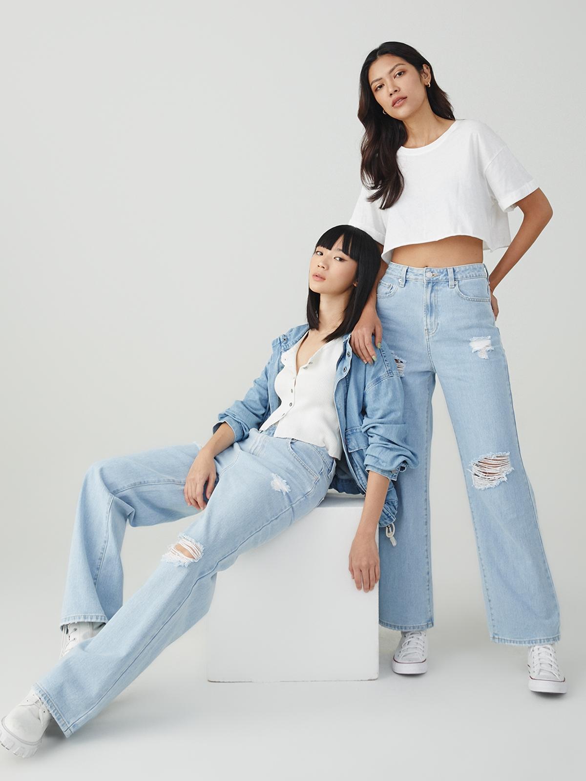 Sustainable Ripped Straight Leg Jeans - Light Blue