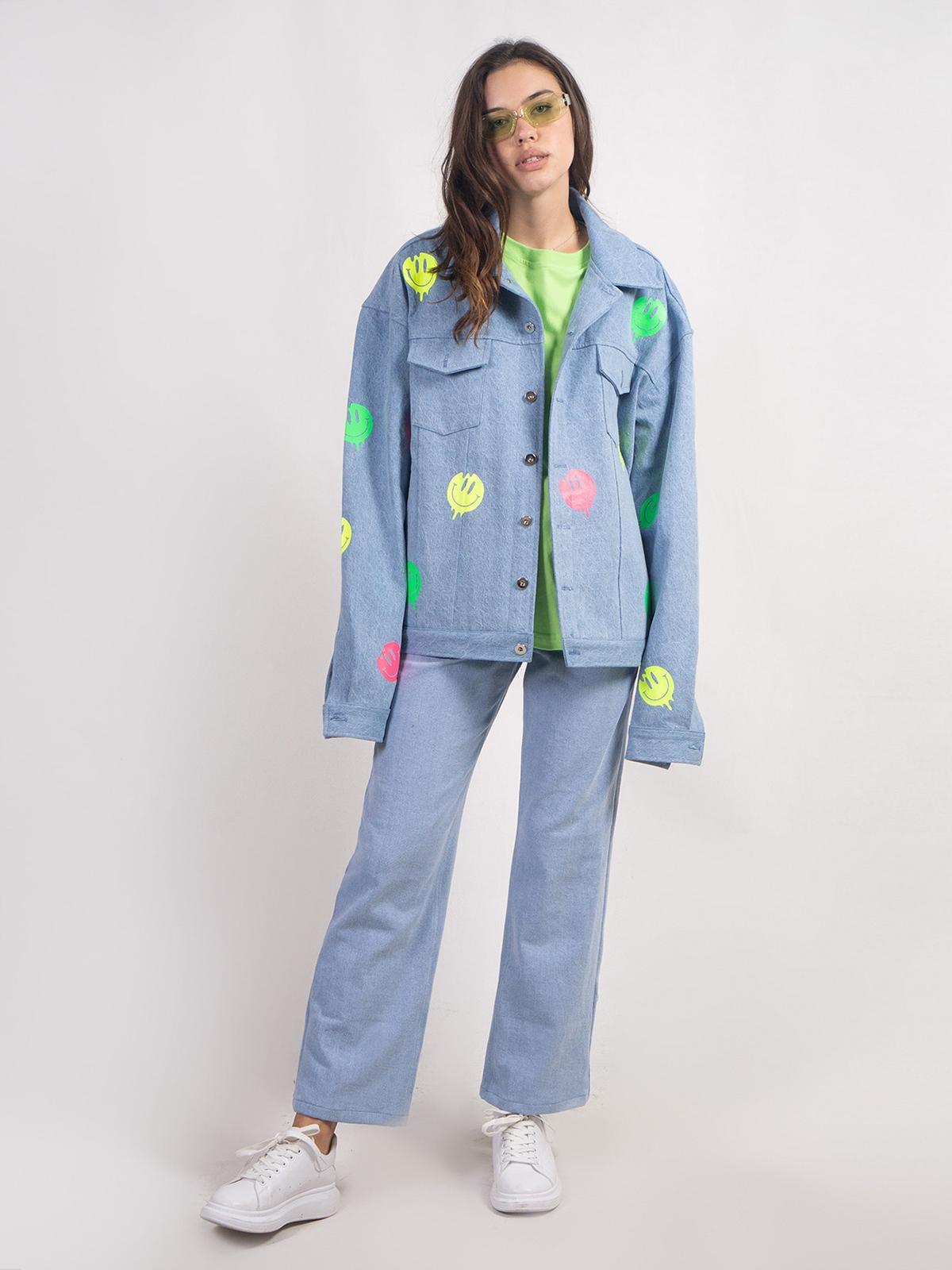 Ocwa Smiley Oversized Denim Jacket - Light Blue