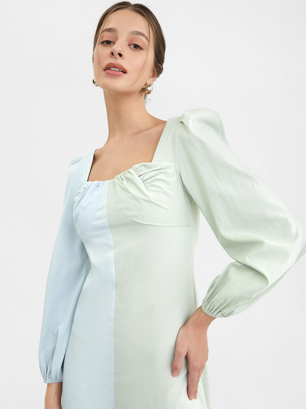 Two Tone Puffed Sleeves Dress - Blue