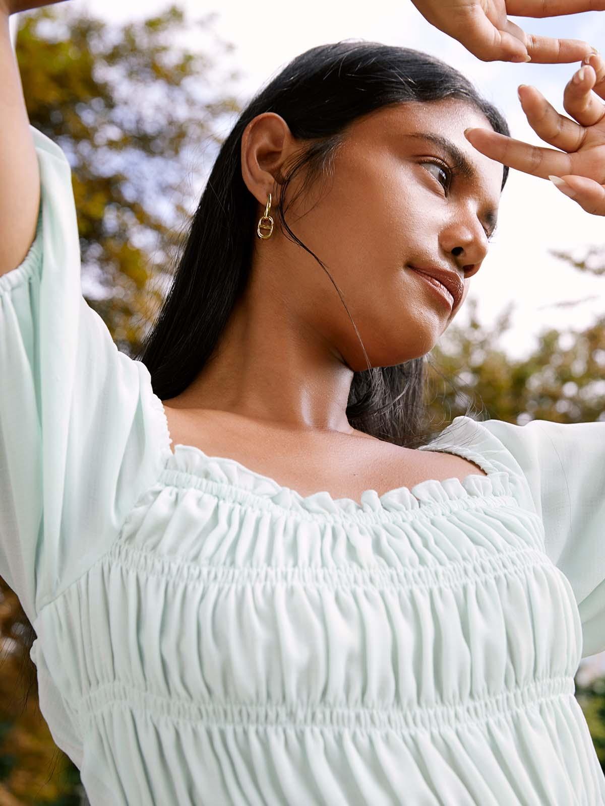 Sustainable Puff Sleeve Smocked Top - Mint