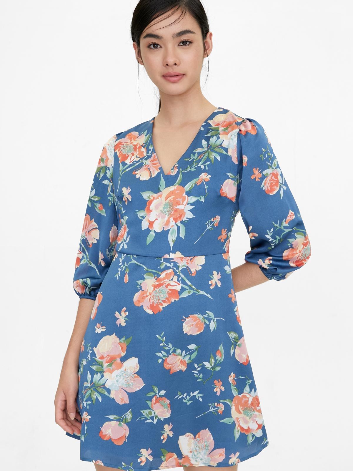 Puff Sleeve Flare Floral Dress - Blue