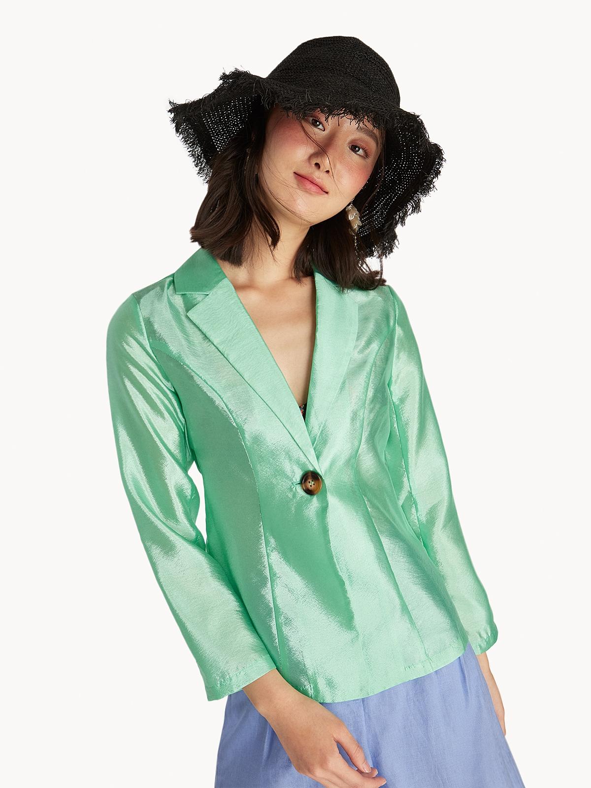 Satin Single Button Blazer - Green