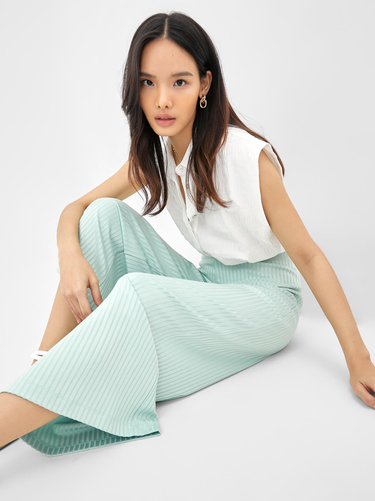 Textured High Waist Pants - Green